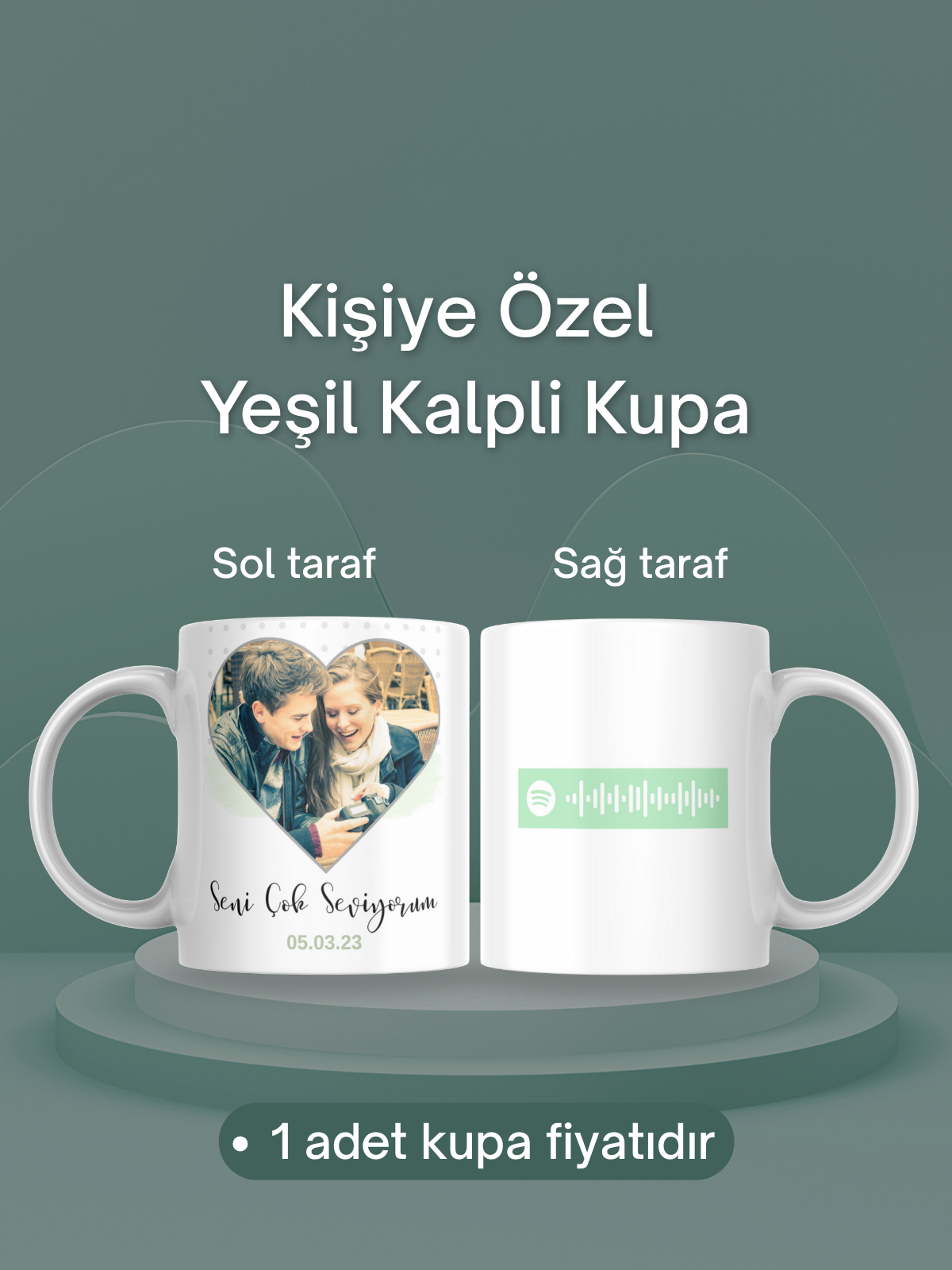 Kişiye Özel Yeşil Kalpli Kupa